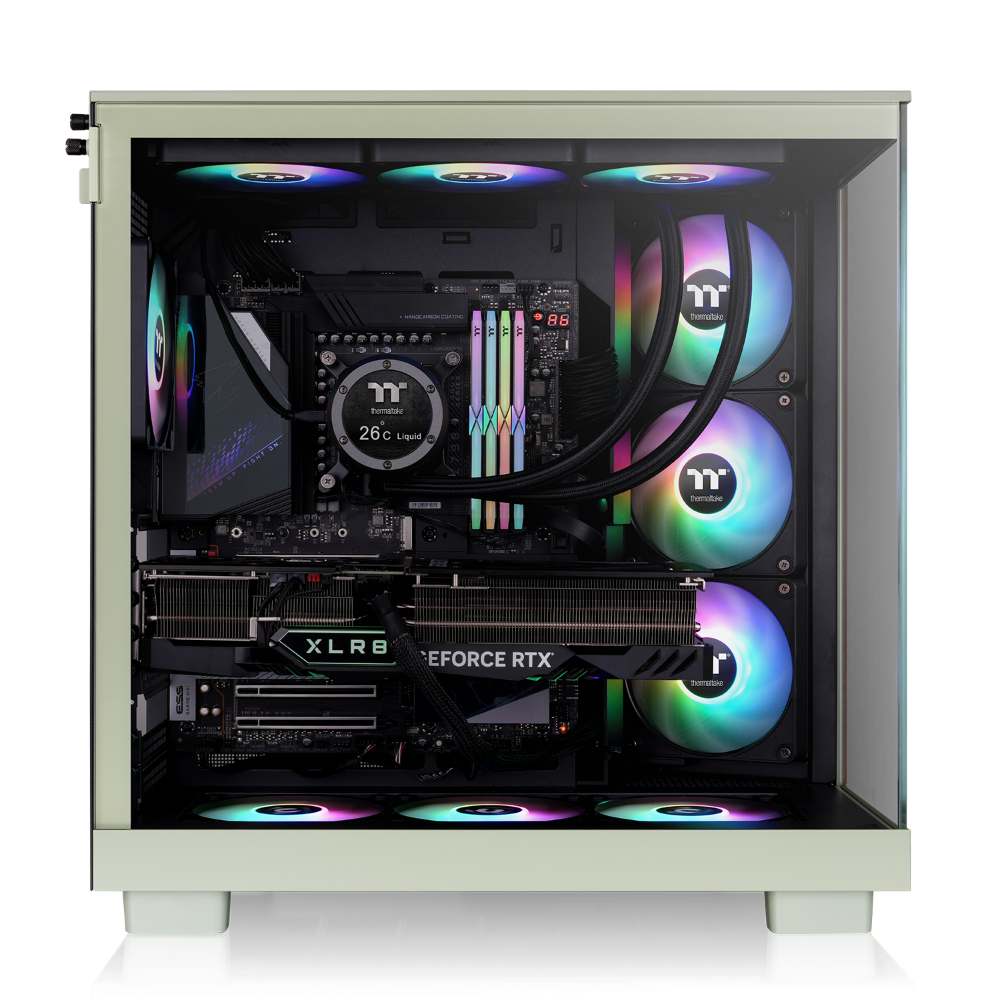 Das View 380 XL WS ARGB ist ATX PC-Gehäuse in der Farbe Matcha Green. Es überzeugt durch seine  vier 120-mm ARGB-Lite Lüfter, wunderschöne Holzoptik und Grafikkartenhalter.