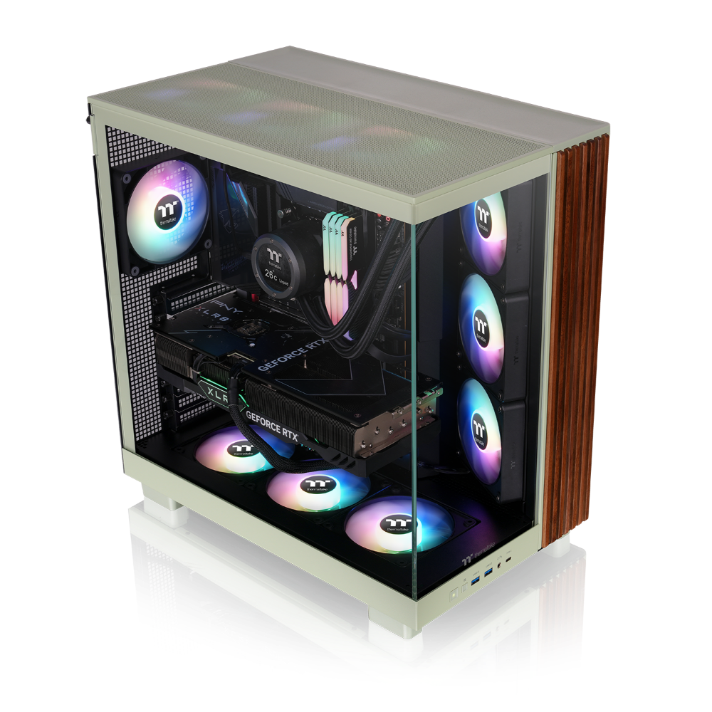 Das View 380 XL WS ARGB ist ATX PC-Gehäuse in der Farbe Matcha Green. Es überzeugt durch seine  vier 120-mm ARGB-Lite Lüfter, wunderschöne Holzoptik und Grafikkartenhalter.