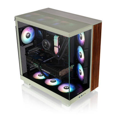 Das View 380 XL WS ARGB ist ATX PC-Gehäuse in der Farbe Matcha Green. Es überzeugt durch seine  vier 120-mm ARGB-Lite Lüfter, wunderschöne Holzoptik und Grafikkartenhalter.
