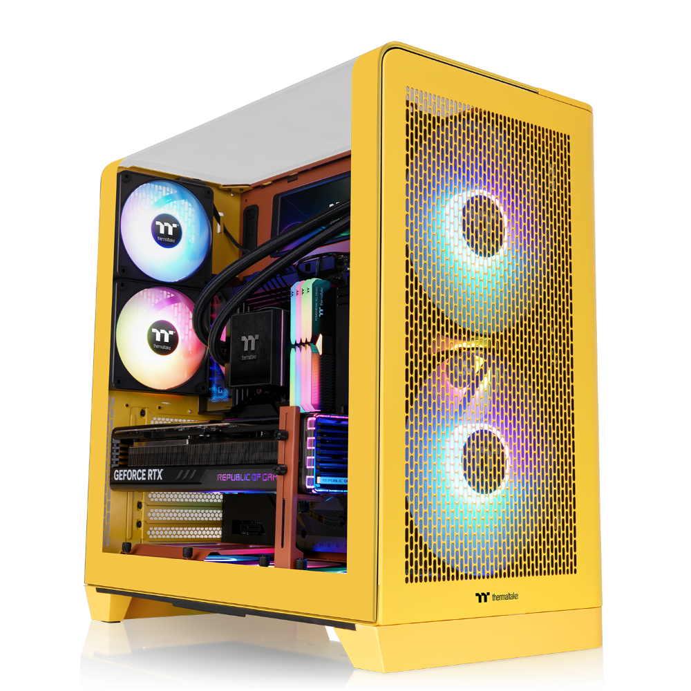 Das View 390 Air ist ein Midi ATX PC-Gehaeuse mit gebogenen TG-Panel, Hidden Connector und hervorrangender Luftkühlung durch zwei CT120 Fans und Mesh-Frontpanel in der Farbe Butter Caramel (Gelb).