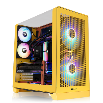 Das View 390 Air ist ein Midi ATX PC-Gehaeuse mit gebogenen TG-Panel, Hidden Connector und hervorrangender Luftkühlung durch zwei CT120 Fans und Mesh-Frontpanel in der Farbe Butter Caramel (Gelb).