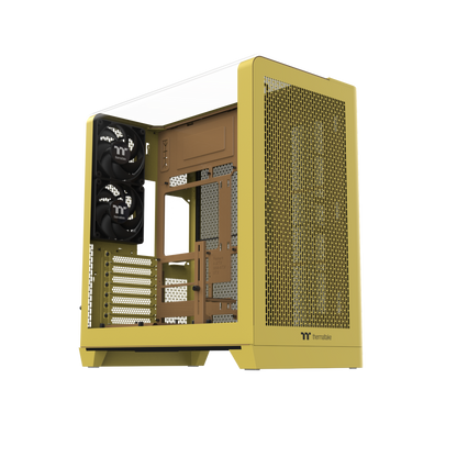 Das View 390 Air ist ein Midi ATX PC-Gehaeuse mit gebogenen TG-Panel, Hidden Connector und hervorrangender Luftkühlung durch zwei CT120 Fans und Mesh-Frontpanel in der Farbe Butter Caramel (Gelb).