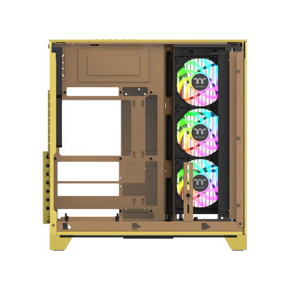 Das View 390 Air ist ein Midi ATX PC-Gehaeuse mit gebogenen TG-Panel, Hidden Connector und hervorrangender Luftkühlung durch zwei CT120 Fans und Mesh-Frontpanel in der Farbe Butter Caramel (Gelb).