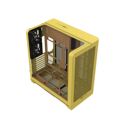 Das View 390 Air ist ein Midi ATX PC-Gehaeuse mit gebogenen TG-Panel, Hidden Connector und hervorrangender Luftkühlung durch zwei CT120 Fans und Mesh-Frontpanel in der Farbe Butter Caramel (Gelb).