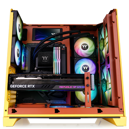 Das View 390 Air ist ein Midi ATX PC-Gehaeuse mit gebogenen TG-Panel, Hidden Connector und hervorrangender Luftkühlung durch zwei CT120 Fans und Mesh-Frontpanel in der Farbe Butter Caramel (Gelb).