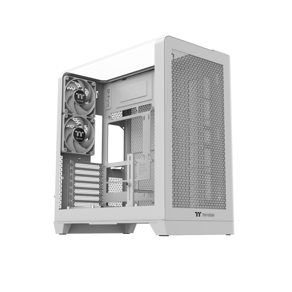 Das View 390 Air ist ein Midi ATX PC-Gehaeuse mit gebogenen TG-Panel, Hidden_Connector und hervorrangender Luftkühlung durch CT120 Fans und Mesh-Frontpanel in der Farbe Snow White.