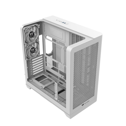 Das View 390 Air ist ein Midi ATX PC-Gehaeuse mit gebogenen TG-Panel, Hidden_Connector und hervorrangender Luftkühlung durch CT120 Fans und Mesh-Frontpanel in der Farbe Snow White.