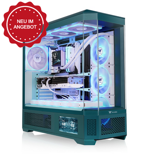 Das View 600 TG E-ATX  PC Gehäuse Transformative Teal hat eine Hartglasscheibe und optinal auch ein 6" LCD  