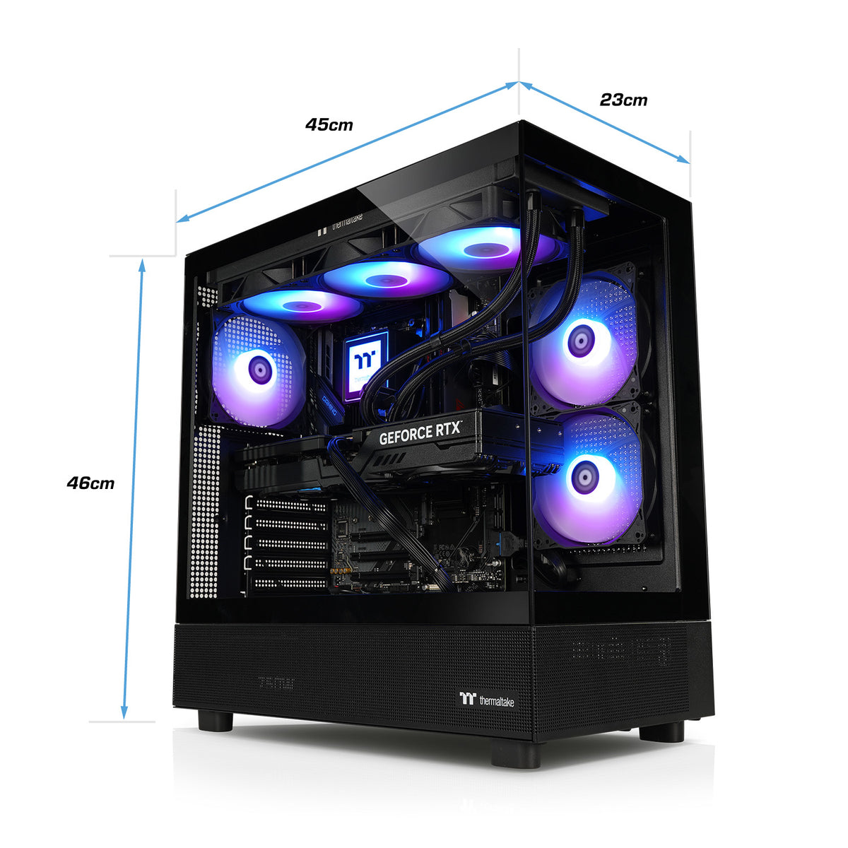 Schwarzer Shadow Mastiff Gaming-PC mit View 270 Gehäuse, ARGB-Beleuchtung, Wasserkühlung und RTX 5070 Ti Grafikkarte.
