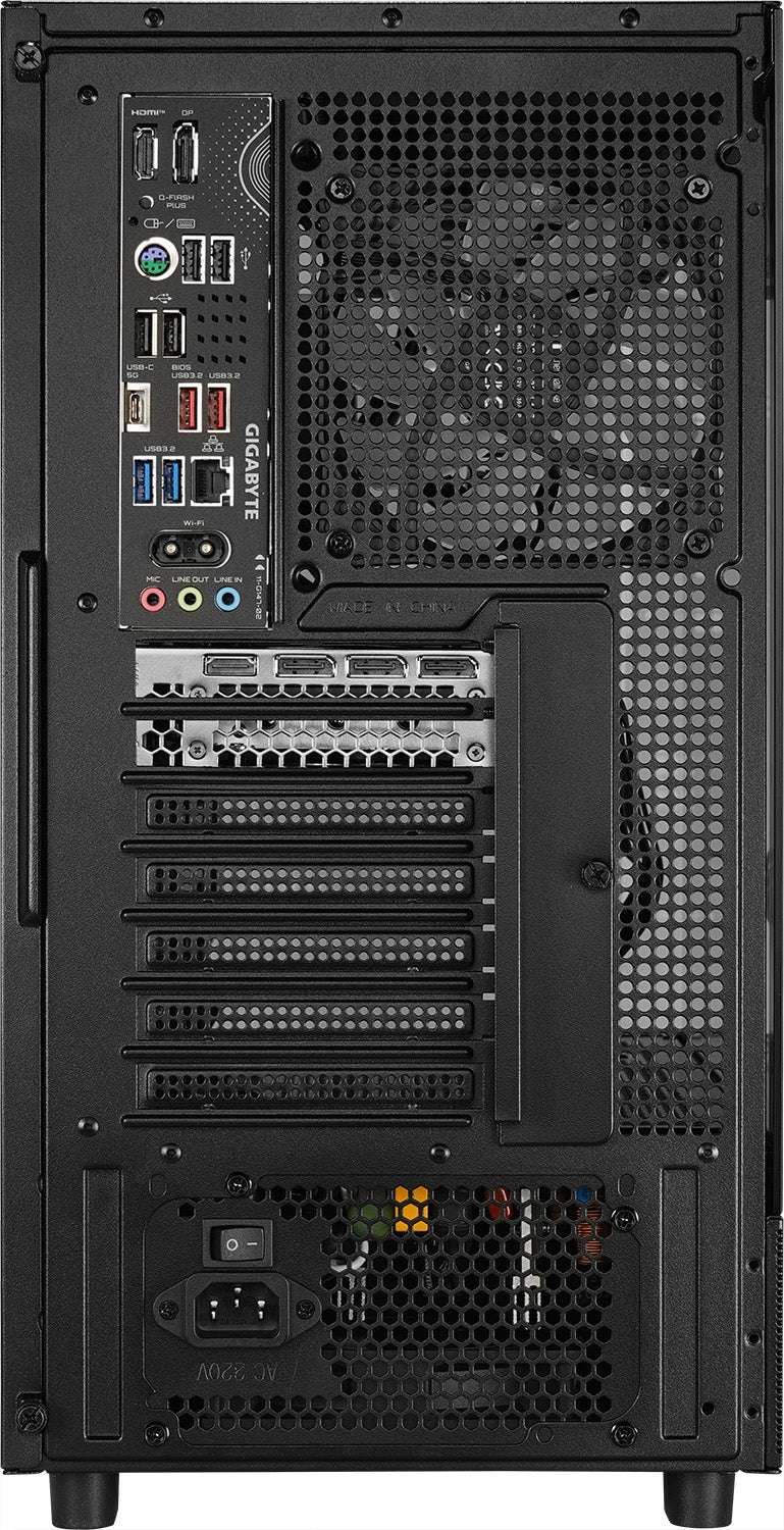 Rückseite des schwarzen Shadow Mastiff Gaming-PCs mit I/O-Anschlüssen, Lüftergitter, GPU-Slots und Netzteilanschluss.
