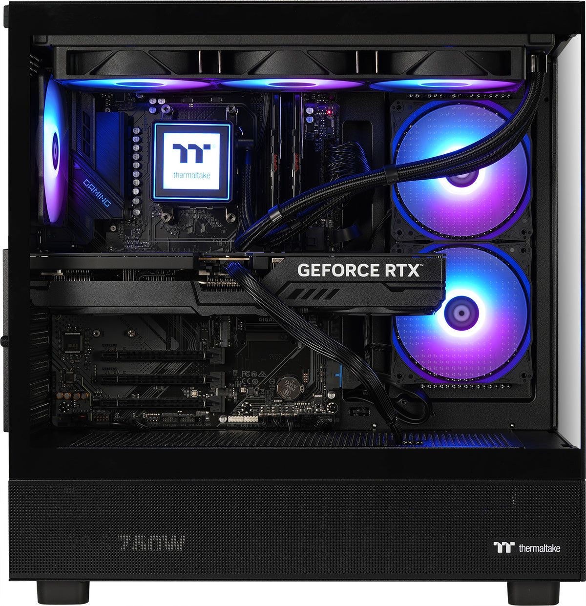 Shadow Mastiff Gaming-PC in schwarzem View 270 Gehäuse mit RTX 5070 Ti Grafikkarte und leuchtender ARGB-Wasserkühlung.
