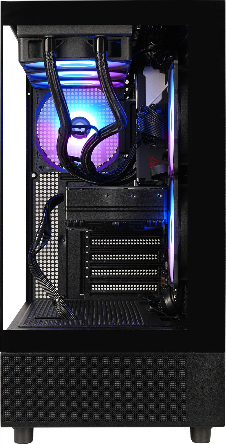 Shadow Mastiff Gaming-PC im schwarzen View 270 Gehäuse mit ARGB-Beleuchtung, Wasserkühlung und RTX 5070 Ti Grafikkarte.