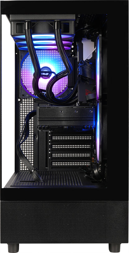Shadow Mastiff Gaming-PC im schwarzen View 270 Gehäuse mit ARGB-Beleuchtung, Wasserkühlung und RTX 5070 Ti Grafikkarte.