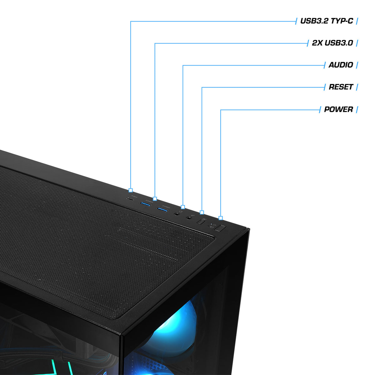 Schwarzes Gaming-PC-Gehäuse mit beschrifteten Anschlüssen: USB-C, USB 3.0, Audio, Reset- und Power-Button an der Oberseite.