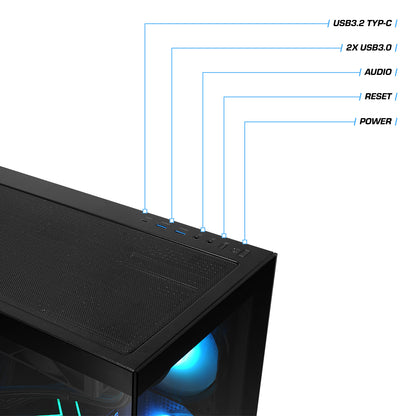 Schwarzes Gaming-PC-Gehäuse mit beschrifteten Anschlüssen: USB-C, USB 3.0, Audio, Reset- und Power-Button an der Oberseite.