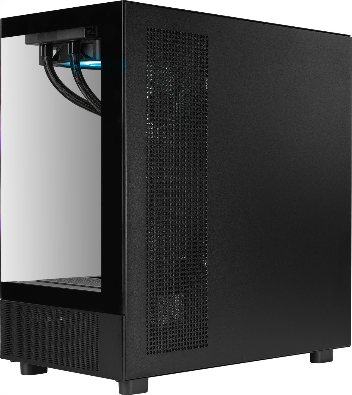 Schwarzer Shadow Mastiff Gaming-PC im View 270 Plus Gehäuse mit Glasfront und seitlichem Lüftungsgitter.