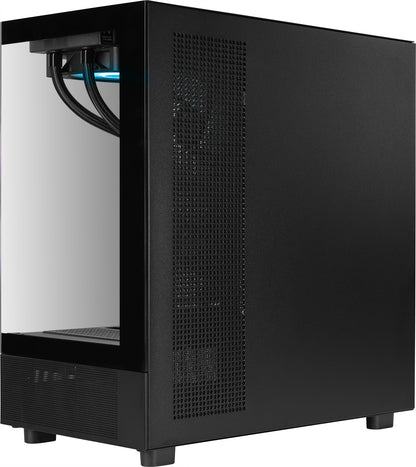 Schwarzer Shadow Mastiff Gaming-PC im View 270 Plus Gehäuse mit Glasfront und seitlichem Lüftungsgitter.