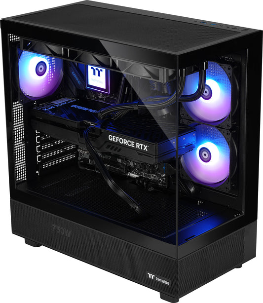 Shadow Mastiff Gaming-PC im schwarzen View 270 Gehäuse mit Glasfront, ARGB-Lüftern und GeForce RTX Grafikkarte.