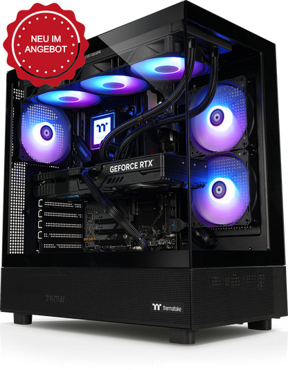 Schwarzer Shadow Mastiff Gaming-PC mit Glasgehäuse, ARGB-Beleuchtung, Wasserkühlung und GeForce RTX Grafikkarte.