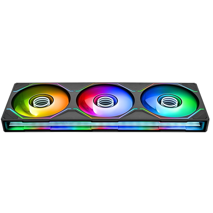 SWAFAN 360 UNIFY ARGB Gehäuselüfter im schwarzen 3-in-1 Single-Frame-Design mit leuchtenden Infinity-Mirror-Effekten.