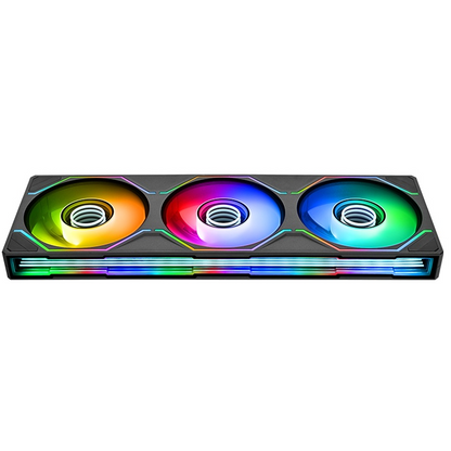 SWAFAN 360 UNIFY ARGB Gehäuselüfter im schwarzen 3-in-1 Single-Frame-Design mit leuchtenden Infinity-Mirror-Effekten.
