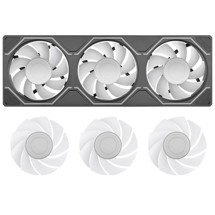 SWAFAN 360 UNIFY ARGB Gehäuselüfter-Set in Weiß mit Single-Frame-Design und drei zusätzlichen austauschbaren Lüfterblättern.