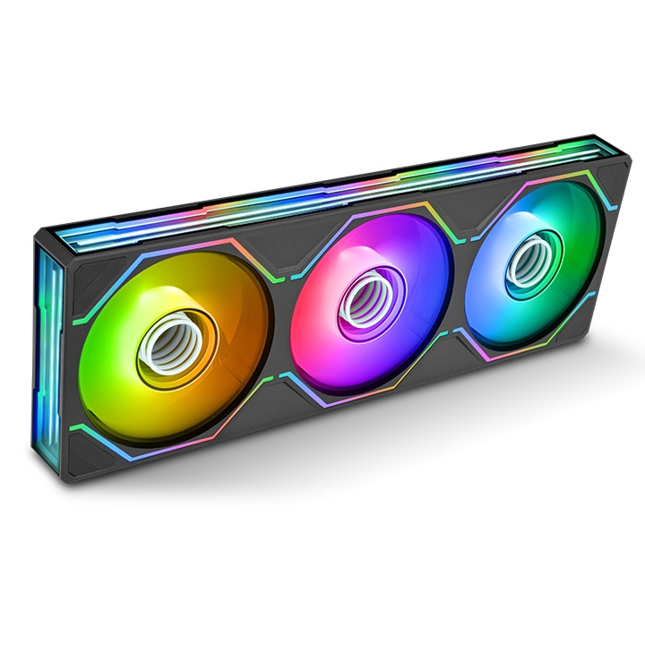 SWAFAN 360 UNIFY ARGB Gehäuselüfter-Set mit drei 120-mm-Lüftern im schwarzen Single-Frame-Design und Infinity Mirror Beleuchtung.