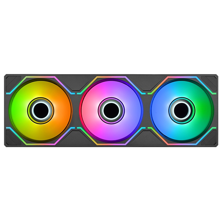 Drei schwarze 120-mm-Gehäuselüfter im Single-Frame-Design mit leuchtender ARGB-Beleuchtung und Infinity-Mirror-Effekt.