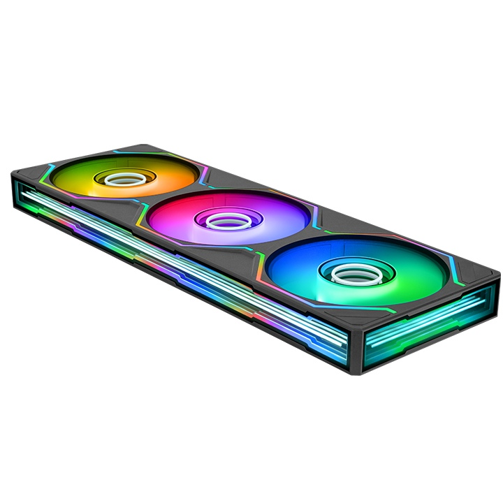 Schwarzes SWAFAN 360 UNIFY 3-in-1 Lüfter-Set mit ARGB-Beleuchtung, Infinity-Mirror-Design und drei 120-mm-Lüftern im Single-Frame.