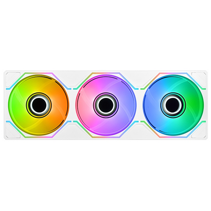 Weißes SWAFAN 360 UNIFY 3-in-1 Lüfter-Set mit ARGB-Beleuchtung und Infinity-Mirror-Design für Gaming-PCs.