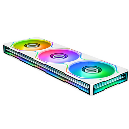 Weißes SWAFAN 360 UNIFY 3-in-1 Lüfter-Set mit ARGB-Beleuchtung, Infinity-Mirror-Design und drei 120-mm-Lüftern im Single-Frame.