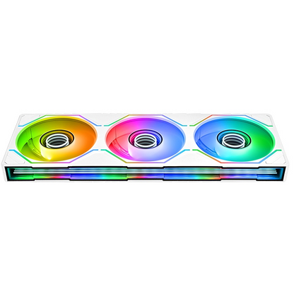 Weißes SWAFAN 360 UNIFY 3-Pack mit ARGB-Beleuchtung, Infinity-Mirror-Design und drei verbundenen 120-mm-Lüftern.