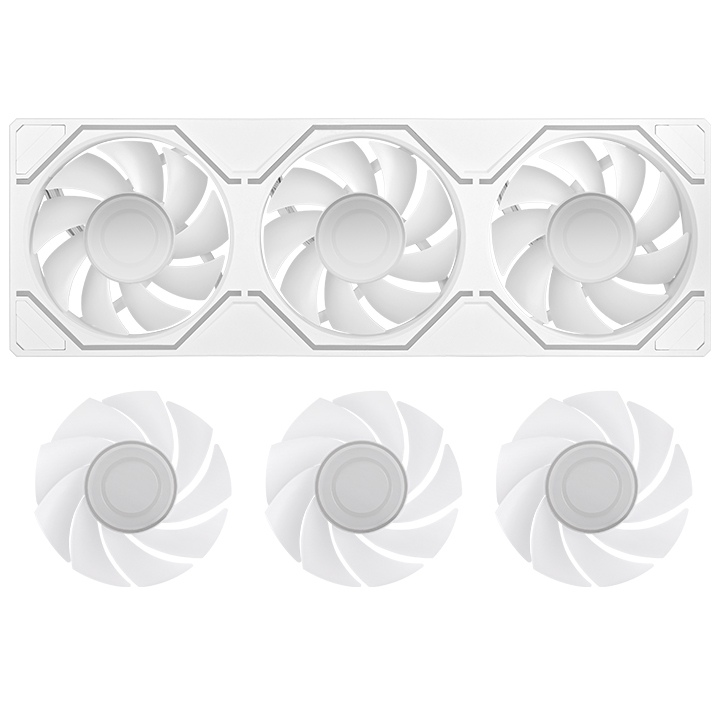 Weißes SWAFAN 360 UNIFY 3-in-1 Lüfter-Set mit austauschbaren Lüfterblättern im Single-Frame-Design für Gaming-PCs.