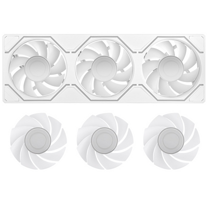 Weißes SWAFAN 360 UNIFY 3-in-1 Lüfter-Set mit austauschbaren Lüfterblättern im Single-Frame-Design für Gaming-PCs.