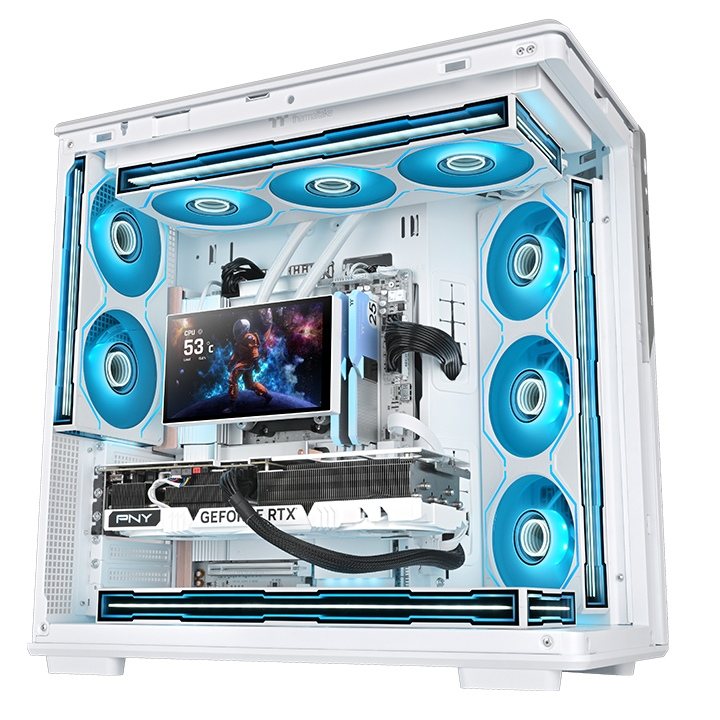 Weißes PC-Gehäuse mit SWAFAN 360 UNIFY ARGB-Lüftern, Infinity-Mirror-Beleuchtung und leuchtend blauen LED-Akzenten.