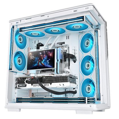 Weißes PC-Gehäuse mit SWAFAN 360 UNIFY ARGB-Lüftern, Infinity-Mirror-Beleuchtung und leuchtend blauen LED-Akzenten.