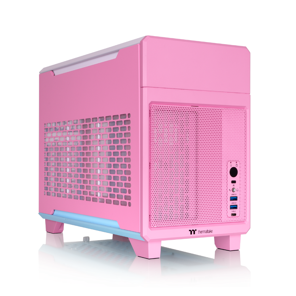 Der tr100 Mini Tower in der Farbe Bubble Pink ist ein ITX Gehäuse zum mitnehmen.
