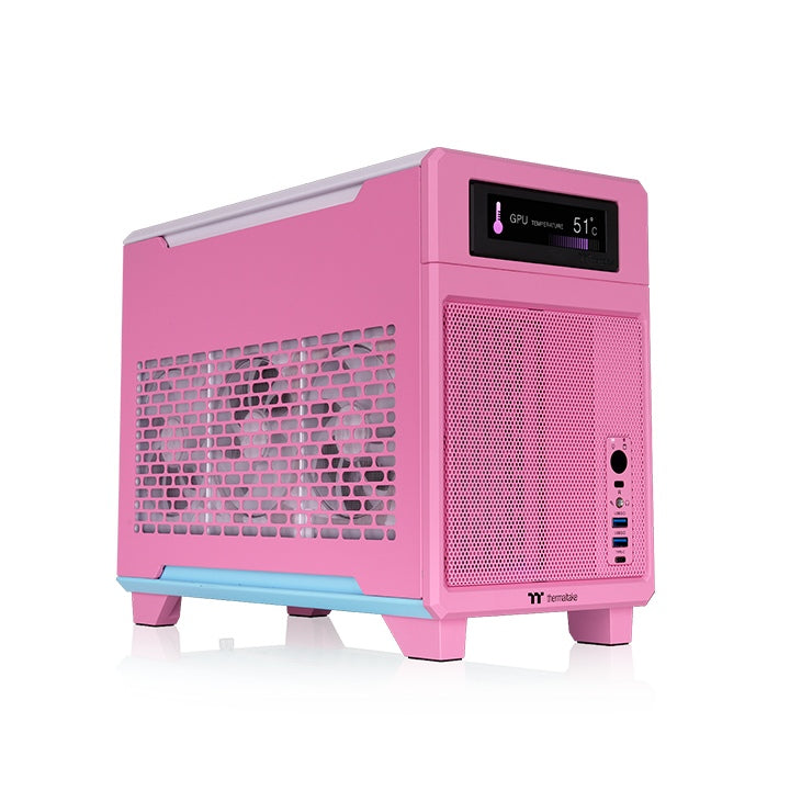Der tr100 Mini Tower in der Farbe Bubble Pink ist ein ITX Gehäuse zum mitnehmen.