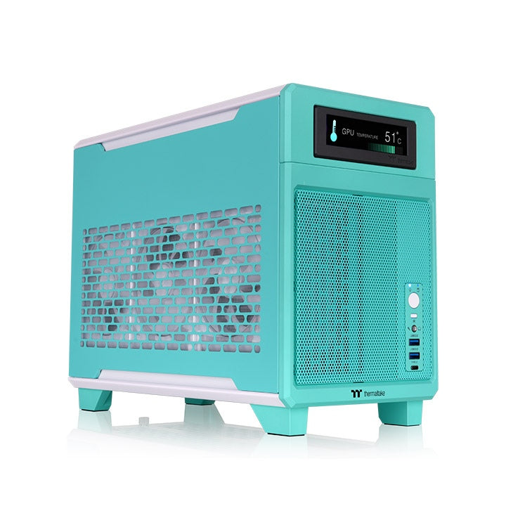 Der tr100 Mini Tower in der Farbe Mint Strawberry (Türkis) ist ein ITX PC Gehäuse zum mitnehmen