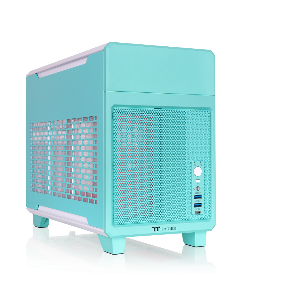 Der tr100 Mini Tower in der Farbe Mint Strawberry (Türkis) ist ein ITX PC Gehäuse zum mitnehmen