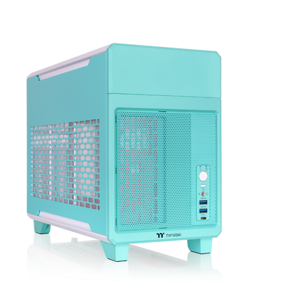 Der tr100 Mini Tower in der Farbe Mint Strawberry (Türkis) ist ein ITX PC Gehäuse zum mitnehmen