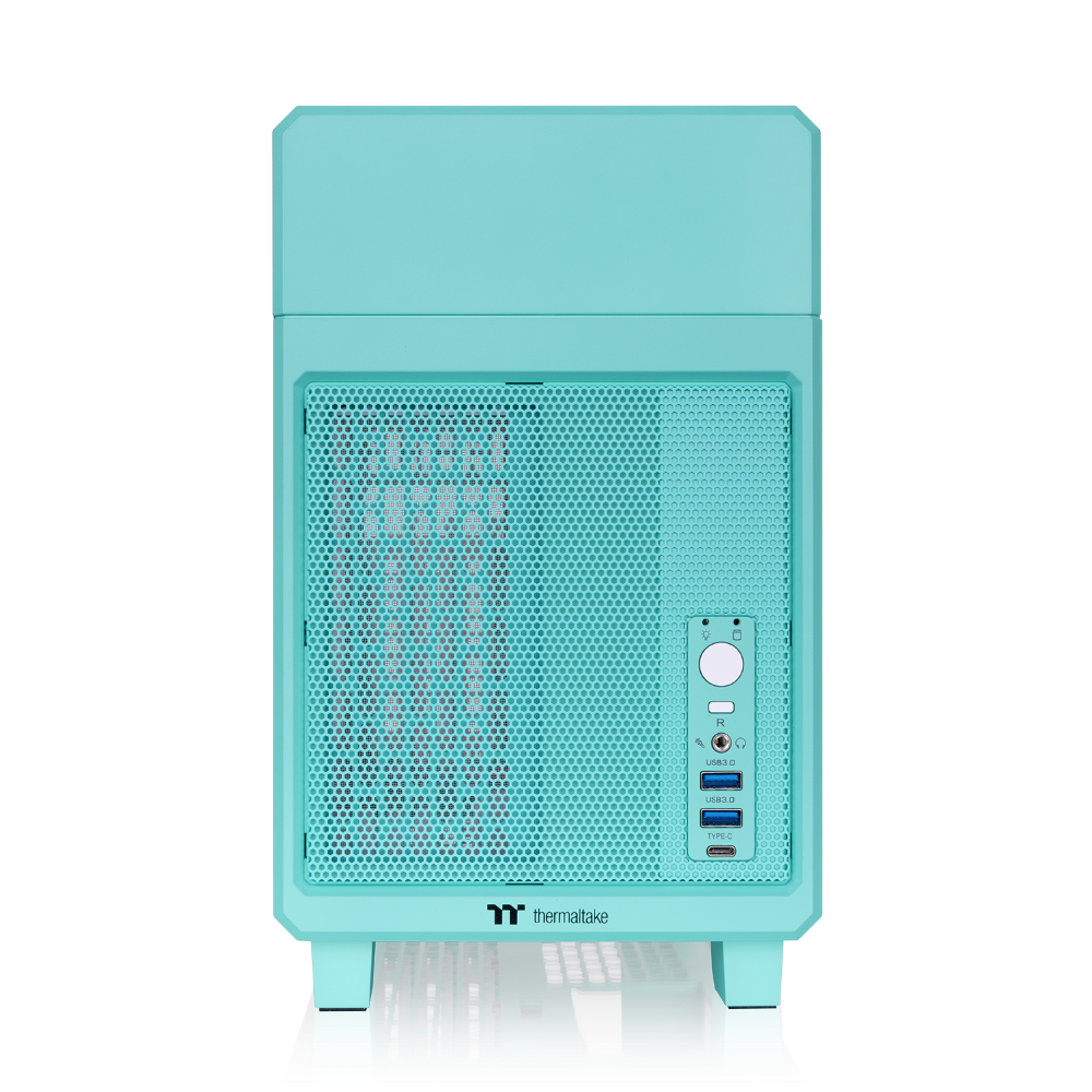 Der tr100 Mini Tower in der Farbe Mint Strawberry (Türkis) ist ein ITX PC Gehäuse zum mitnehmen