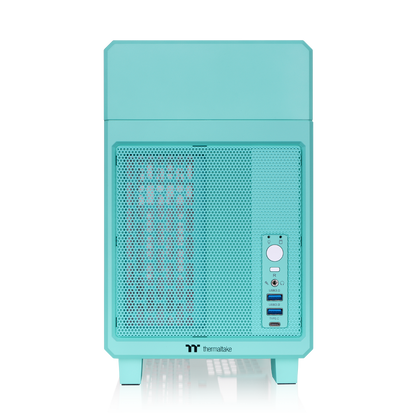 Der tr100 Mini Tower in der Farbe Mint Strawberry (Türkis) ist ein ITX PC Gehäuse zum mitnehmen