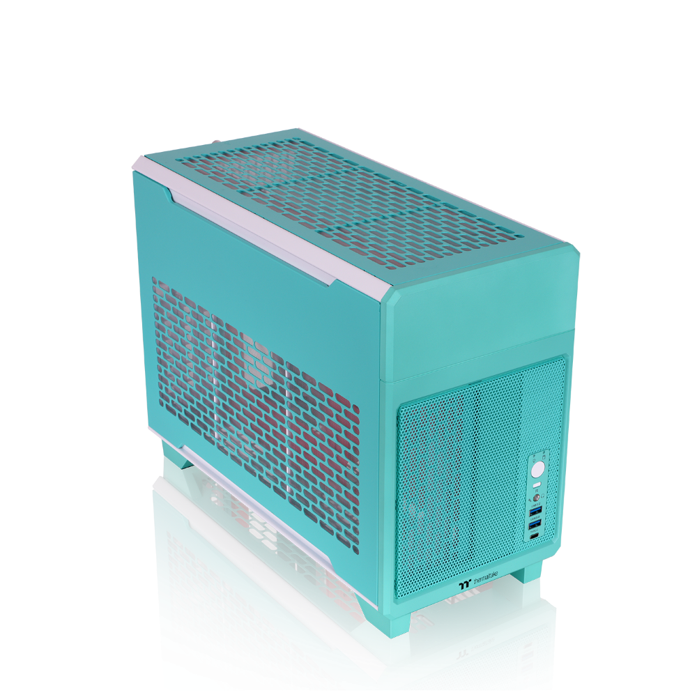 Der tr100 Mini Tower in der Farbe Mint Strawberry (Türkis) ist ein ITX PC Gehäuse zum mitnehmen