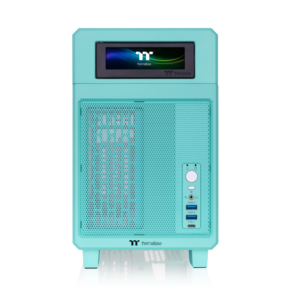 Der tr100 Mini Tower in der Farbe Mint Strawberry (Türkis) ist ein ITX PC Gehäuse zum mitnehmen