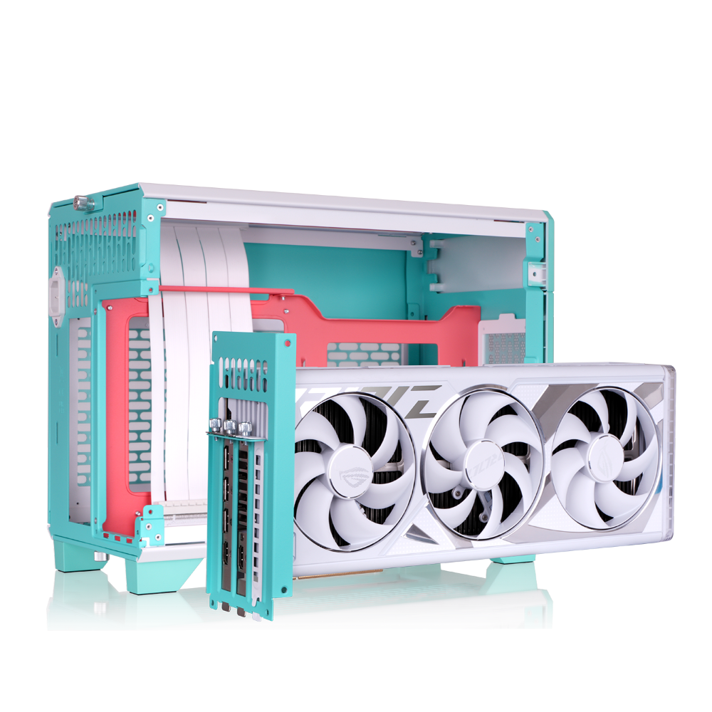 Der tr100 Mini Tower in der Farbe Mint Strawberry (Türkis) ist ein ITX PC Gehäuse zum mitnehmen