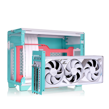 Der tr100 Mini Tower in der Farbe Mint Strawberry (Türkis) ist ein ITX PC Gehäuse zum mitnehmen