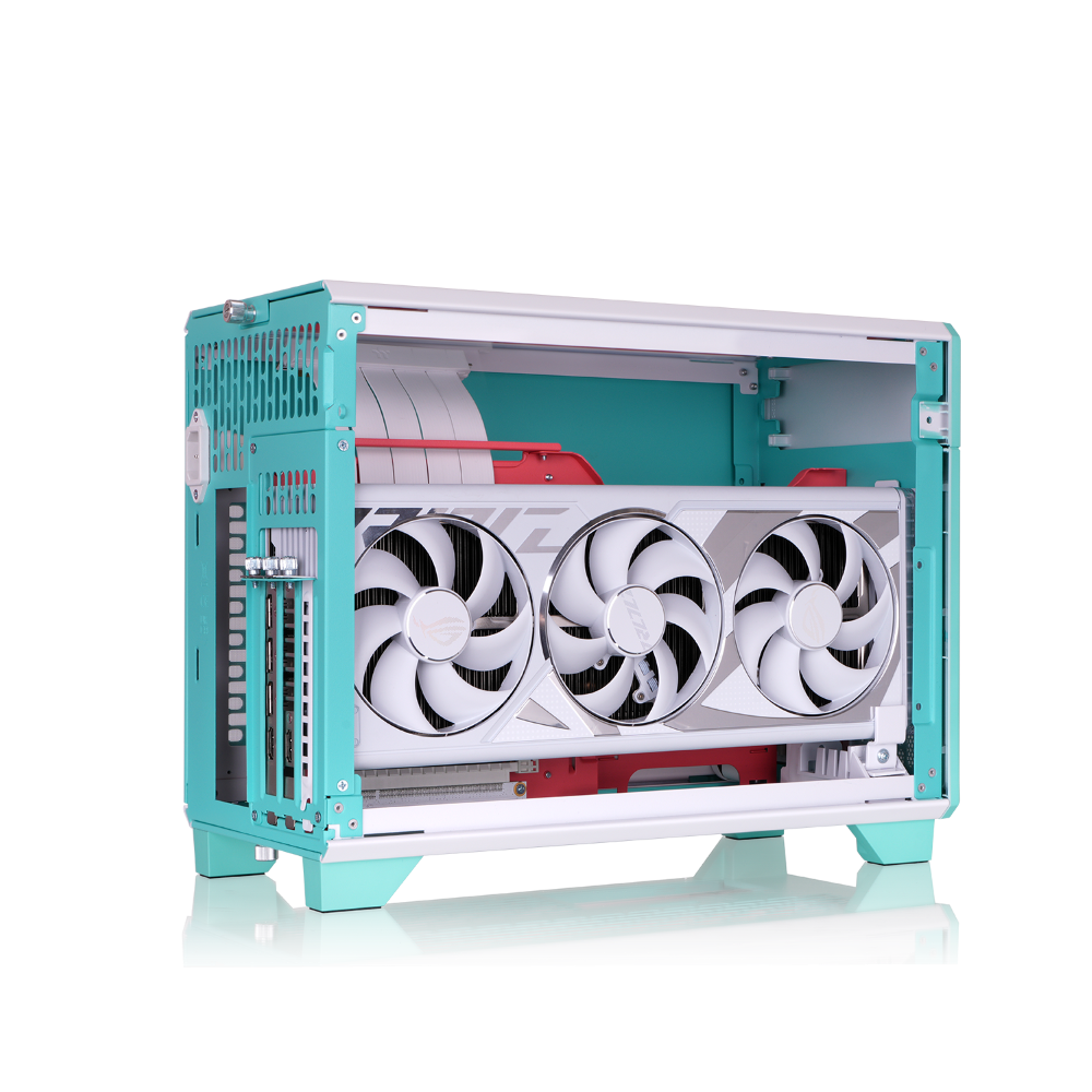 Der tr100 Mini Tower in der Farbe Mint Strawberry (Türkis) ist ein ITX PC Gehäuse zum mitnehmen
