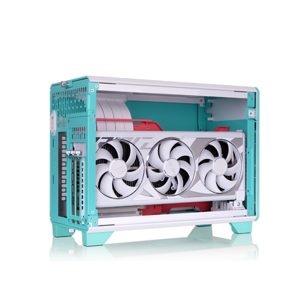 Der tr100 Mini Tower in der Farbe Mint Strawberry (Türkis) ist ein ITX PC Gehäuse zum mitnehmen