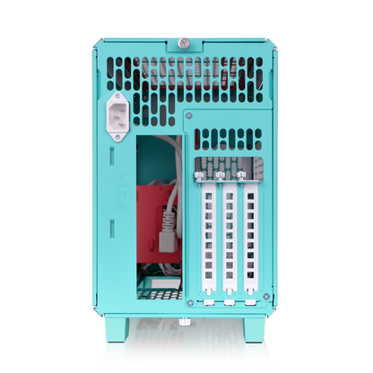 Der tr100 Mini Tower in der Farbe Mint Strawberry (Türkis) ist ein ITX PC Gehäuse zum mitnehmen